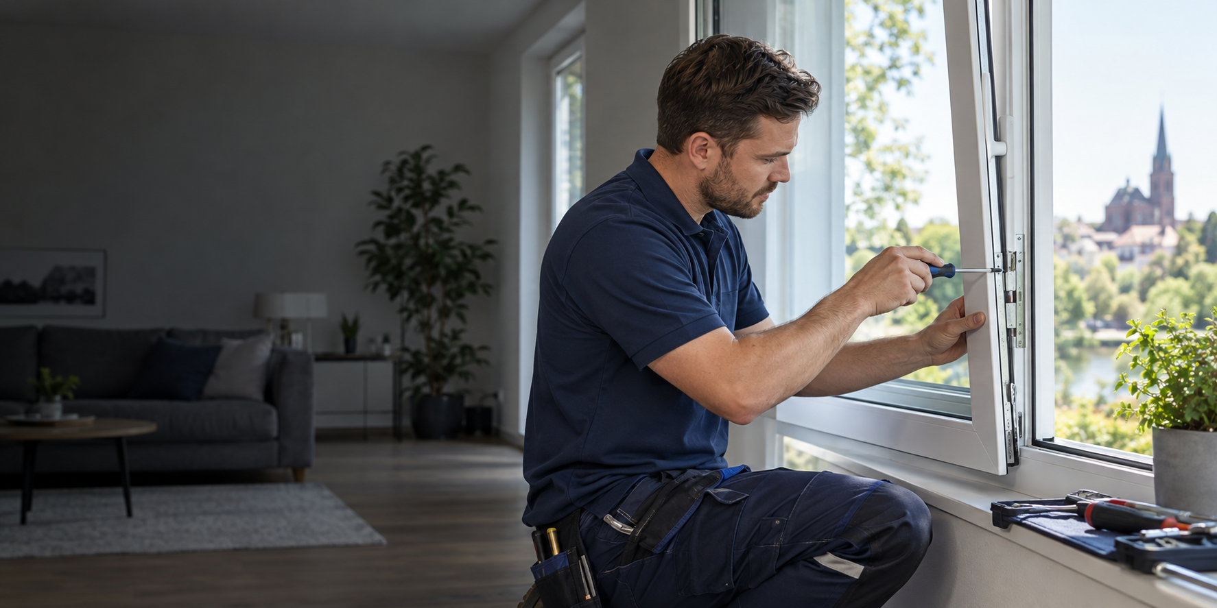 Fenstertechniker stellt den Beschlag eines Fensters fachgerecht ein
